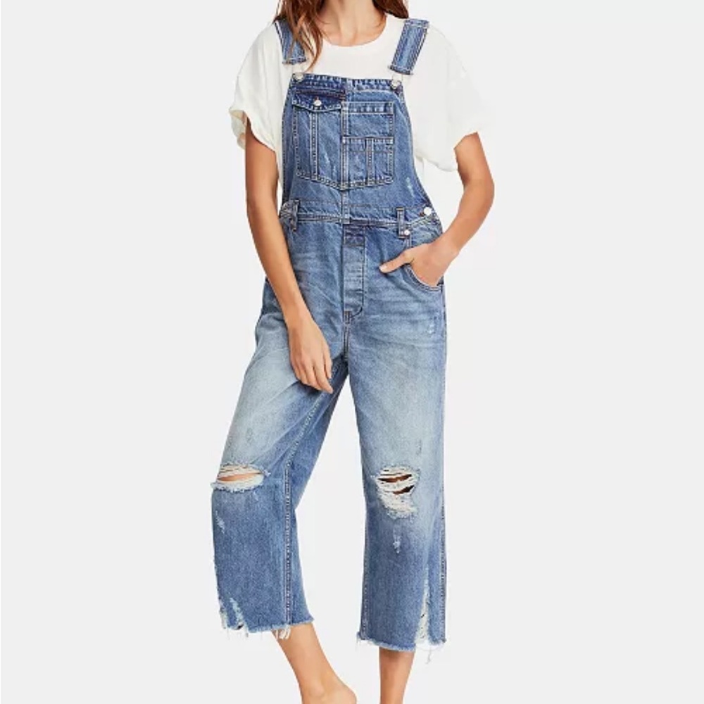 Free People Light Blue Distressed Denim Overalls